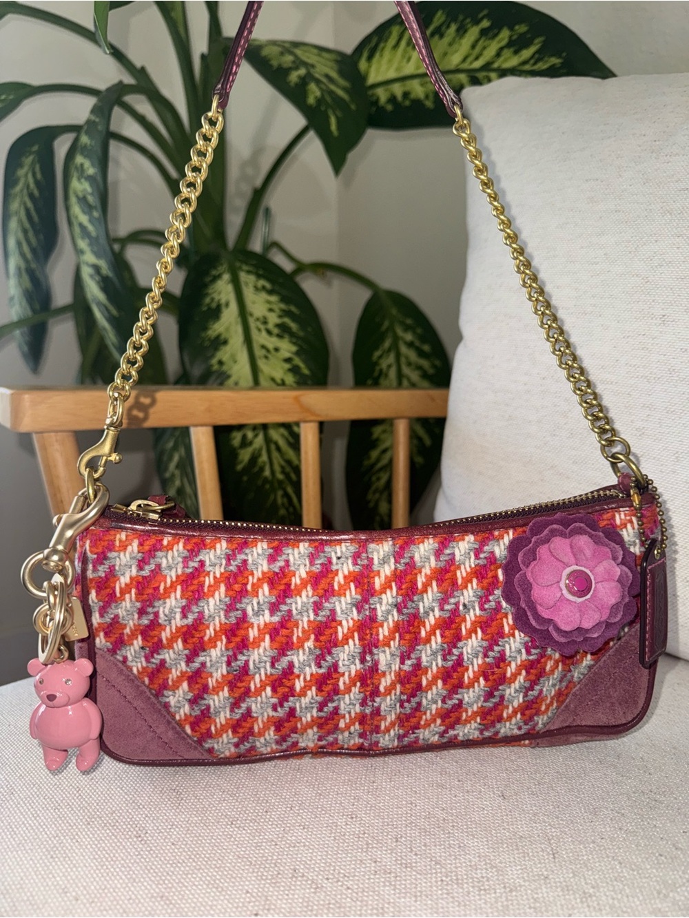 Coach Y2K Demi Houndstooth Tweed Wool Suede Small Shoulder Bag Floral Accent